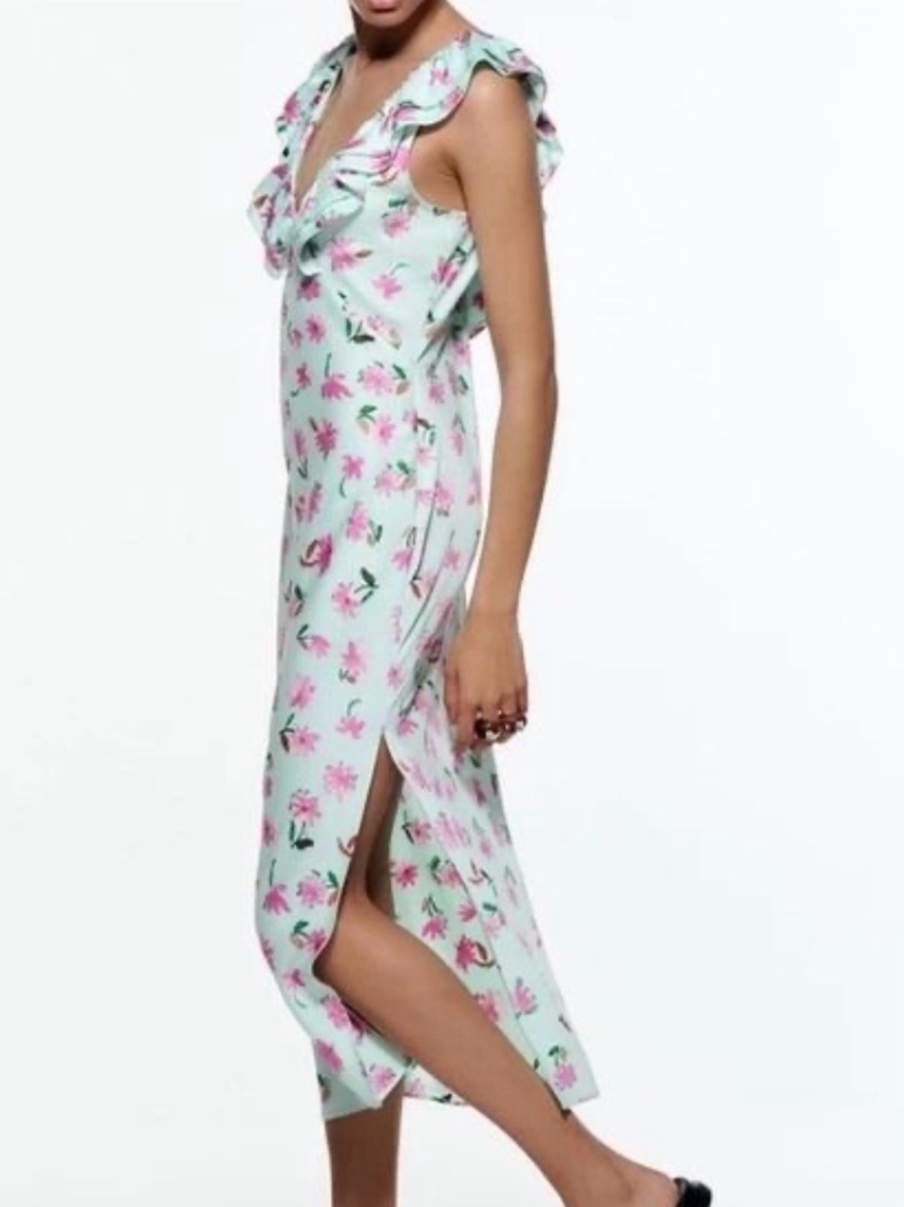 Zara Ruffled Vibrant Pint & Green Floral Print Satin Midi Dress XL
